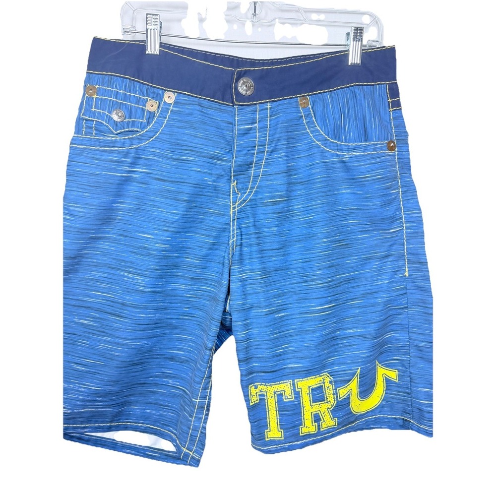 True Religion Blue Yellow Stitch Horseshoe Flap Pocket Board Swim Shorts 32